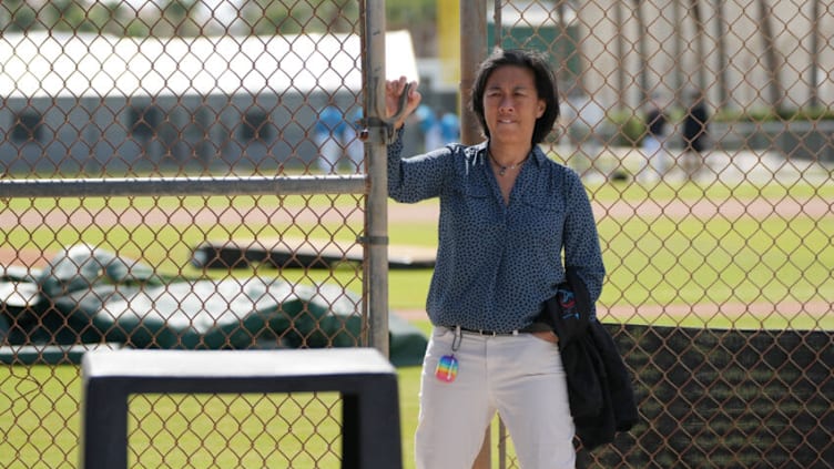 Feb 16, 2023; Jupiter, FL, USA; Miami Marlins general manager Kim Ng walks between workout stations at the Marlins spring training facility. Mandatory Credit: Jim Rassol-USA TODAY Sports