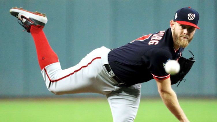 HOUSTON, TEXAS - OCTOBER 29: Stephen Strasburg #37 of the Washington Nationals delivers the pitch against the Houston Astros during the first inning in Game Six of the 2019 World Series at Minute Maid Park on October 29, 2019 in Houston, Texas. (Photo by Mike Ehrmann/Getty Images)