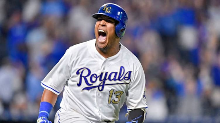 The Kansas City Royals' Salvador Perez celebrates his walk off grand slam for an 8-4 win against the Minnesota Twins on Friday, Sept. 14, 2018, at Kauffman Stadium in Kansas City, Mo. (John Sleezer/Kansas City Star/TNS via Getty Images)