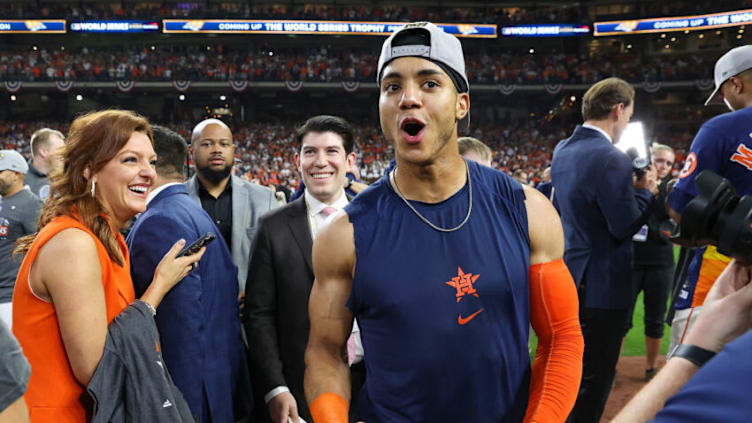 Nov 5, 2022; Houston, Texas, USA; Houston Astros shortstop Jeremy Pena (3) celebrates after the Astros defeated the Philadelphia Phillies in game six winning the 2022 World Series at Minute Maid Park. Mandatory Credit: Troy Taormina-USA TODAY Sports