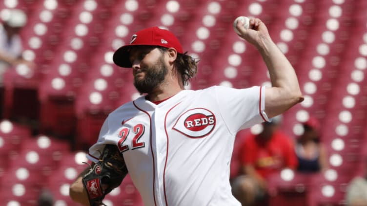 Sep 1, 2021; Cincinnati, Ohio, USA; Cincinnati Reds starting pitcher Wade Miley (22) throws a pitch against the St. Louis Cardinals during the first inning in game one of a doubleheader at Great American Ball Park. Mandatory Credit: David Kohl-USA TODAY Sports