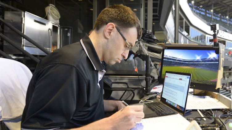 CHICAGO - SEPTEMBER 24: Chicago White Sox television play by play announcer Jason Benetti looks on prior to the game against the Cleveland Indians on September 24, 2019 at Guaranteed Rate Field in Chicago, Illinois. (Photo by Ron Vesely/MLB Photos via Getty Images)