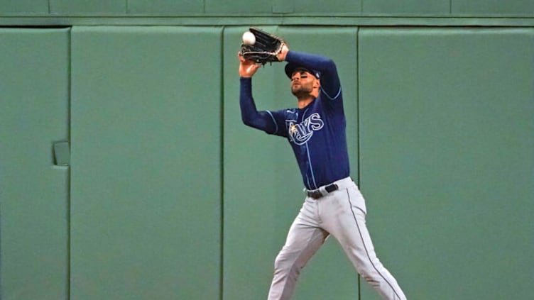 Oct 11, 2021; Boston, Massachusetts, USA; Tampa Bay Rays center fielder Kevin Kiermaier (39) makes a catch for an out against the Boston Red Sox during the second inning during game four of the 2021 ALDS at Fenway Park. Mandatory Credit: David Butler II-USA TODAY Sports