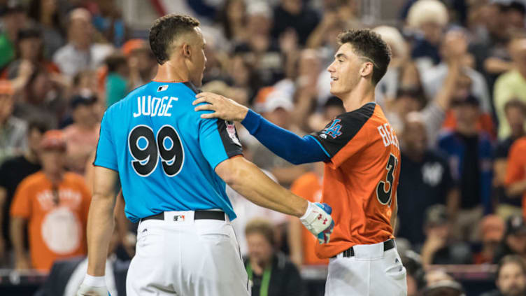 MIAMI, FL - JULY 10: Aaron Judge #99 of the New York Yankees and Cody Bellinger #35 of the Los Angeles Dodgers during the T-Mobile Home Run Derby at Marlins Park on July 10, 2017 in Miami, Florida. (Photo by Brace Hemmelgarn/Minnesota Twins/Getty Images)