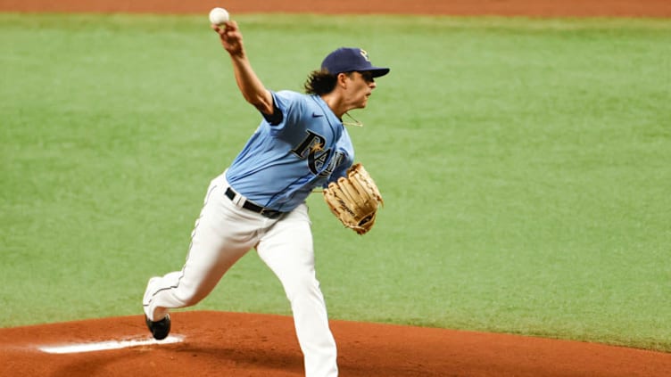 ST PETERSBURG, FLORIDA - APRIL 11: Brent Honeywell Jr. #45 of the Tampa Bay Rays throws a pitch during the first inning of his major league debut against the New York Yankees at Tropicana Field on April 11, 2021 in St Petersburg, Florida. (Photo by Douglas P. DeFelice/Getty Images)