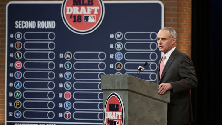 SECAUCUS, NJ - JUNE 4: Major League Baseball Commissioner Robert D. Manfred Jr. during the 2018 Major League Baseball Draft at Studio 42 at the MLB Network on Monday, June 4, 2018 in Secaucus, New Jersey. (Photo by Mary DeCicco/MLB Photos via Getty Images)