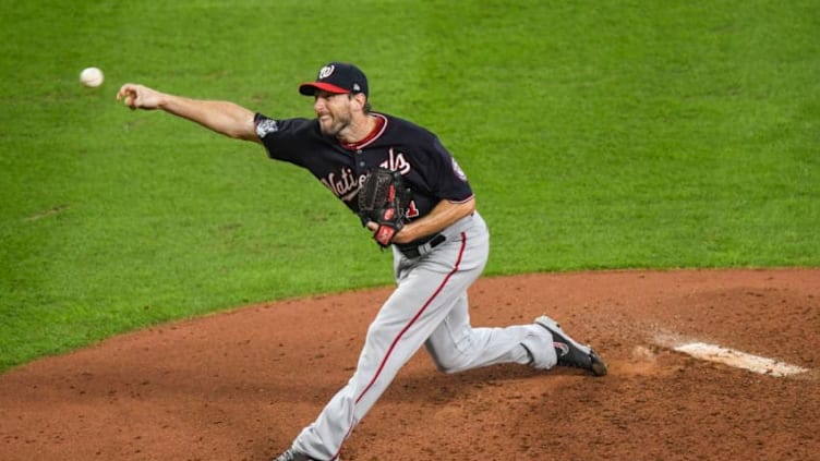 WASHINGTON, DC - OCTOBER 22: Washington Nationals starting pitcher Max Scherzer (31) throws a pitch in the fourth inning during Game 1 of the World Series between the Washington Nationals and the Houston Astros at Minute Maid Park on Tuesday, October 22, 2019. (Photo by Jonathan Newton /The Washington Post via Getty Images)