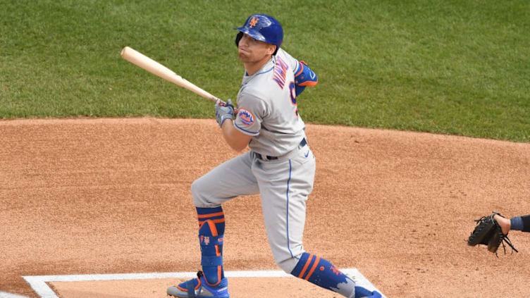 WASHINGTON, DC - SEPTEMBER 27: Brandon Nimmo #9 of the New York Mets takes a swing during a baseball game against the Washington Nationals at Nationals Park on September 27, 2020 in Washington, DC. (Photo by Mitchell Layton/Getty Images)