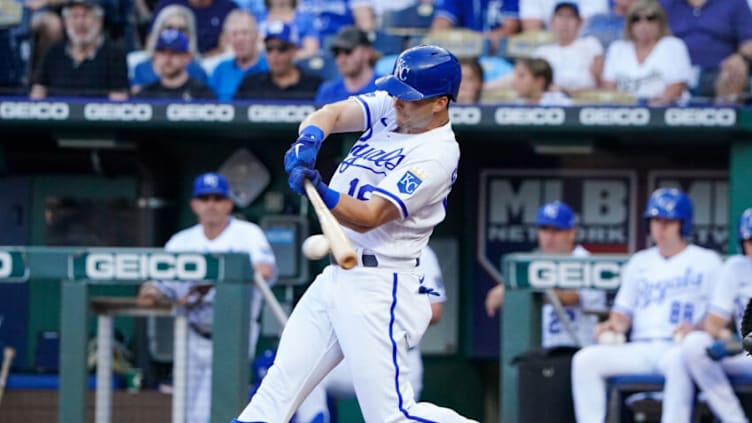 Jul 12, 2022; Kansas City, Missouri, USA; Kansas City Royals left fielder Andrew Benintendi (16) hits a one run single against theDetroit Tigers in the first inning at Kauffman Stadium. Mandatory Credit: Denny Medley-USA TODAY Sports