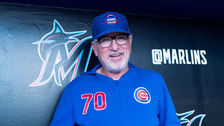 MIAMI, FL - APRIL 17: Joe Maddon #70 of the Chicago Cubs speaks with the media before the game against the Miami Marlins at Marlins Park on April 17, 2019 in Miami, Florida. (Photo by Mark Brown/Getty Images)