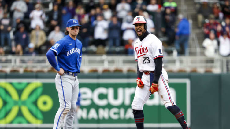 MINNEAPOLIS, MN - APRIL 29: Byron Buxton #25 of the Minnesota Twins celebrates his solo home run while Bobby Witt Jr. #7 of the Kansas City Royals reacts in the seventh inning at Target Field on April 29, 2023 in Minneapolis, Minnesota. The Royals defeated the Twins 3-2. (Photo by David Berding/Getty Images)