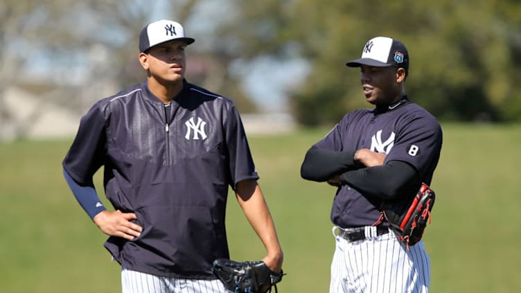 19 FEB 2016: New York Yankees relief pitcher Dellin Betances (68) and New York Yankees relief pitcher Aroldis Chapman (54) during a New York Yankees Spring Training workout at George M. Steinbrenner Field in Tampa, FL. (Photo by Cliff Welch/Icon Sportswire) (Photo by Cliff Welch/Icon Sportswire/Corbis/Icon Sportswire via Getty Images)