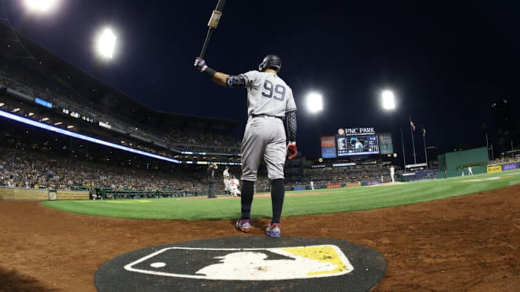 Jul 5, 2022; Pittsburgh, Pennsylvania, USA; New York Yankees center fielder Aaron Judge (99) prepares in the on-deck circle against the Pittsburgh Pirates during the seventh inning at PNC Park. Mandatory Credit: Charles LeClaire-USA TODAY Sports