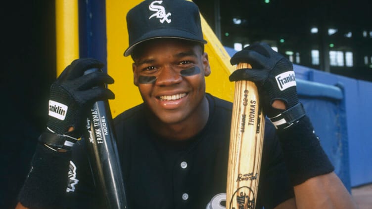 CHICAGO, IL - CIRCA 1991: First baseman Frank Thomas #35 of the Chicago White Sox poses for this portrait prior to the start of a Major League Baseball game circa 1991 at Comiskey Park in Chicago, Illinois. Thomas played for the White Sox from 1990 - 05. (Photo by Focus on Sport/Getty Images)