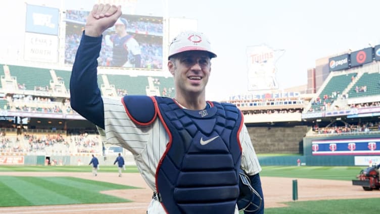 MINNEAPOLIS, MN - SEPTEMBER 30: Joe Mauer #7 of the Minnesota Twins looks on after the game against the Chicago White Sox on September 30, 2018 at Target Field in Minneapolis, Minnesota. (Photo by Hannah Foslien/Getty Images)