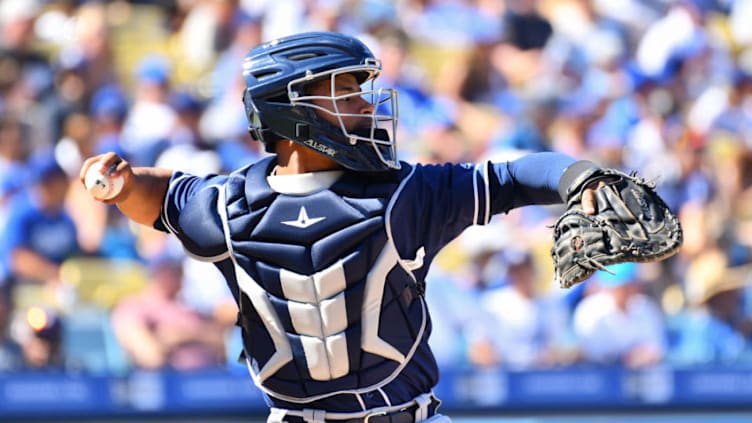 LOS ANGELES, CA - SEPTEMBER 23: San Diego Padres catcher Francisco Mejjia (27) throws to second base during a MLB game between the San Diego Padres and the Los Angeles Dodgers on September 23, 2018 at Dodger Stadium in Los Angeles, CA. (Photo by Brian Rothmuller/Icon Sportswire via Getty Images)