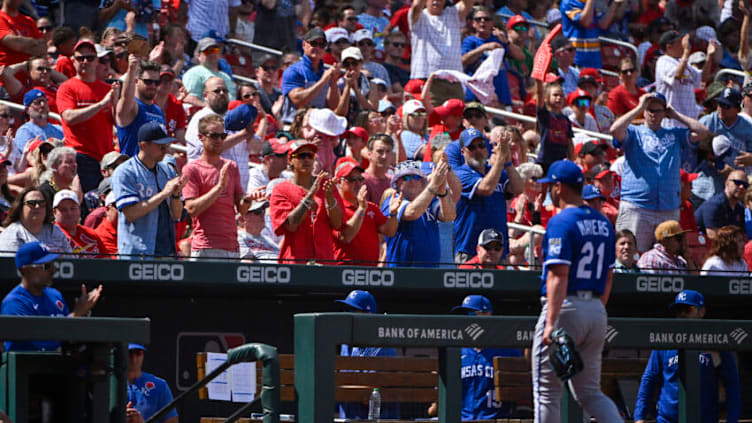 May 29, 2023; St. Louis, Missouri, USA; Kansas City Royals relief pitcher Mike Mayers (21) receives a standing ovation after he was removed from the game against the St. Louis Cardinals during the eighth inning at Busch Stadium. Mandatory Credit: Jeff Curry-USA TODAY Sports