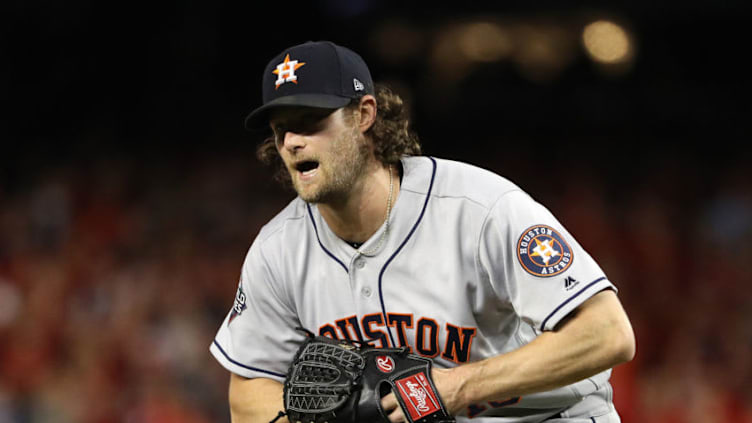 WASHINGTON, DC - OCTOBER 27: Gerrit Cole #45 of the Houston Astros reacts after retiring the side in the seventh inning against the Washington Nationals in Game Five of the 2019 World Series at Nationals Park on October 27, 2019 in Washington, DC. (Photo by Patrick Smith/Getty Images)