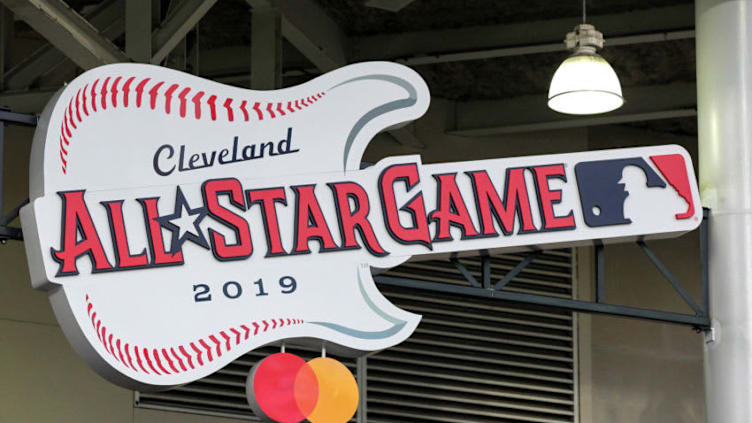 CLEVELAND, OH - AUGUST 07: The logo for the 2019 Major League Baseball All-Star Game is displayed on the left field stands prior to the Major League Baseball game between the Minnesota Twins and Cleveland Indians on August 7, 2018, at Progressive Field in Cleveland, OH. (Photo by Frank Jansky/Icon Sportswire via Getty Images)