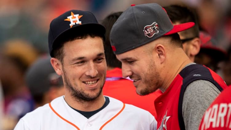 CLEVELAND, OH - JULY 08: Alex Bregman #2 of the Houston Astros talks with Mike Trout #27 of the Los Angeles Angels of Anaheim during the T-Mobile Home Run Derby during the 2019 Major League Baseball All-Star Game at Progressive Field on July 8, 2019 in Cleveland, Ohio. (Photo by Billie Weiss/Boston Red Sox/Getty Images)