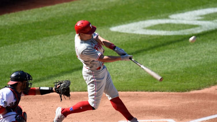 WASHINGTON, DC - SEPTEMBER 22: J.T. Realmuto #10 of the Philadelphia Phillies bats against the Washington Nationals during the first game of a doubleheader at Nationals Park on September 22, 2020 in Washington, DC. (Photo by G Fiume/Getty Images)