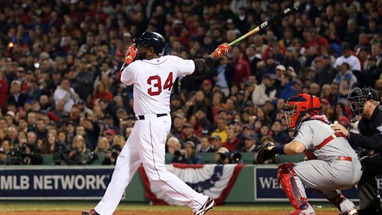 BOSTON, MA - OCTOBER 30: David Ortiz #34 of the Boston Red Sox in actions against the St. Louis Cardinals during Game Six of the 2013 World Series at Fenway Park on October 30, 2013 in Boston, Massachusetts. (Photo by Rob Carr/Getty Images)