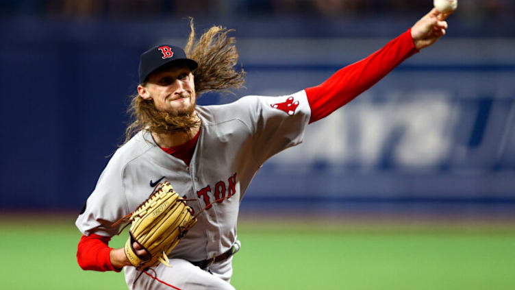 Jul 12, 2022; St. Petersburg, Florida, USA; Boston Red Sox relief pitcher Matt Strahm (55) throws a pitch against the Tampa Bay Rays in the sixth inning at Tropicana Field. Mandatory Credit: Nathan Ray Seebeck-USA TODAY Sports