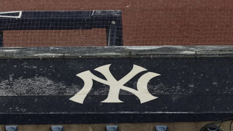 Aug 17, 2020; Bronx, New York, USA; A general view of rain falling on the New York Yankees logo on the first base dugout roof during a rain delay in the game between the New York Yankees and the Boston Red Sox. Mandatory Credit: Vincent Carchietta-USA TODAY Sports