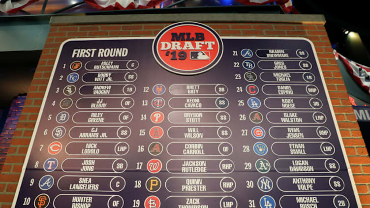 SECAUCUS, NJ - JUNE 03: A general view of the completed first round draft board during the 2019 Major League Baseball Draft at Studio 42 at the MLB Network on Monday, June 3, 2019 in Secaucus, New Jersey. (Photo by Alex Trautwig/MLB via Getty Images)