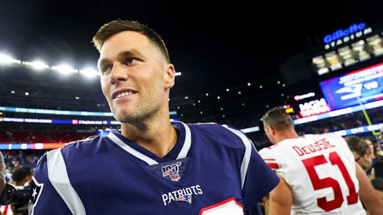 FOXBOROUGH, MA - AUGUST 29: Tom Brady #12 of the New England Patriots looks on after a preseason game against the New York Giants at Gillette Stadium on August 29, 2019 in Foxborough, Massachusetts. (Photo by Adam Glanzman/Getty Images)