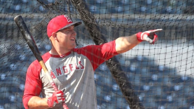 Jun 3, 2016; Pittsburgh, PA, USA; Los Angeles Angels center fielder Mike Trout (27) gestures in the batting cage before playing the Pittsburgh Pirates at PNC Park. Mandatory Credit: Charles LeClaire-USA TODAY Sports