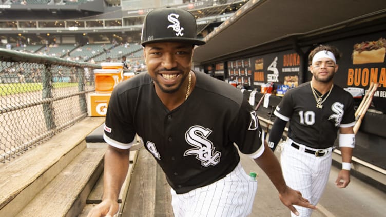 CHICAGO - SEPTEMBER 11: Eloy Jimenez #74 and Yoan Moncada #10 of the Chicago White Sox look on from the dugout prior to the game against the Kansas City Royals on September 11, 2019 at Guaranteed Rate Field in Chicago, Illinois. (Photo by Ron Vesely/MLB Photos via Getty Images)