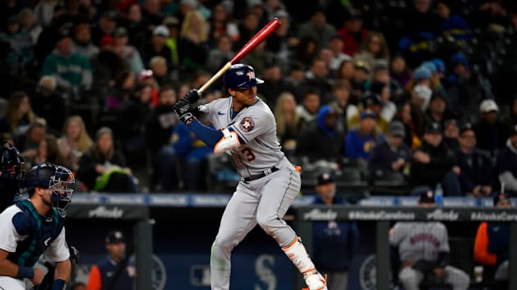 SEATTLE, WASHINGTON - APRIL 16: Jeremy Pena #3 of the Houston Astros bats during the fifth inning against the Seattle Mariners at T-Mobile Park on April 16, 2022 in Seattle, Washington. The Houston Astros won 4-0. (Photo by Alika Jenner/Getty Images)