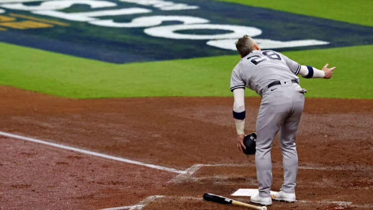 Oct 19, 2022; Houston, Texas, USA; New York Yankees third baseman Josh Donaldson (28) reacts after striking out against the Houston Astros during the first inning in game one of the ALCS for the 2022 MLB Playoffs at Minute Maid Park. Mandatory Credit: Thomas Shea-USA TODAY Sports