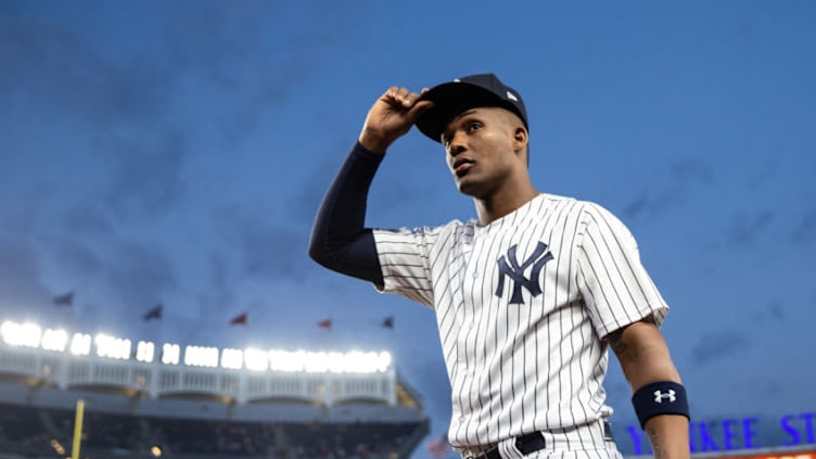 NEW YORK, NY - SEPTEMBER 19: Miguel Andujar #41 of the New York Yankees looks on during a game against the Boston Red Sox at Yankee Stadium on Wednesday, September 19, 2018 in the Bronx borough of New York City. (Photo by Rob Tringali/MLB Photos via Getty Images)