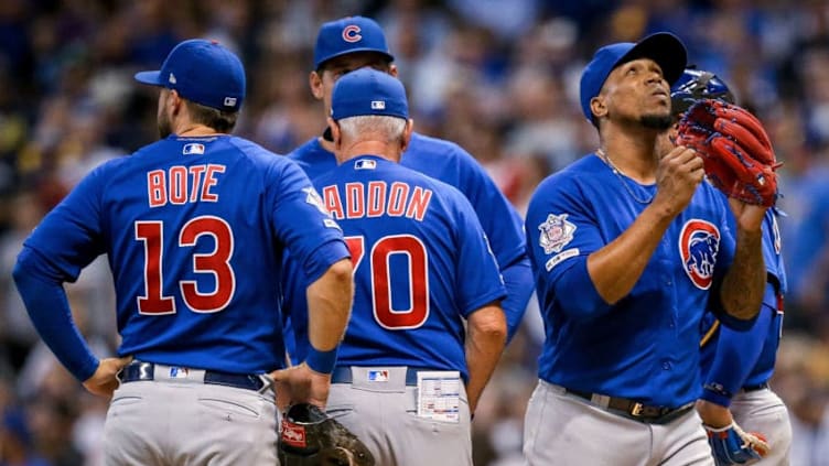 MILWAUKEE, WISCONSIN - JULY 26: Manager Joe Maddon of the Chicago Cubs relieves Pedro Strop #46 in the eighth inning against the Milwaukee Brewers at Miller Park on July 26, 2019 in Milwaukee, Wisconsin. (Photo by Dylan Buell/Getty Images)