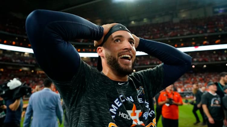 HOUSTON, TX - OCTOBER 19: George Springer #4 of the Houston Astros reacts after winning the AL pennant with a 6-4 win in Game 6 of the ALCS against the New York Yankees at Minute Maid Park on Saturday, October 19, 2019 in Houston, Texas.(Photo by Cooper Neill/MLB Photos via Getty Images)