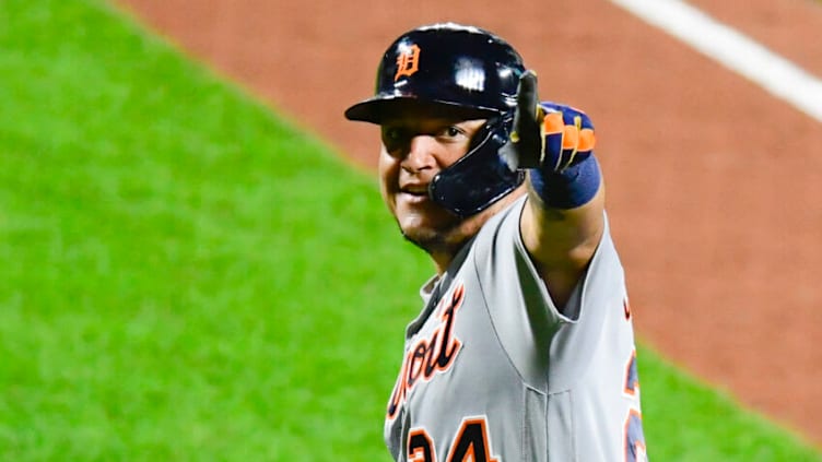 Aug 11, 2021; Baltimore, Maryland, USA; Detroit Tigers first baseman Miguel Cabrera (24) point to the stands after hitting his 499th career home run in the fifth inning against the Baltimore Orioles at Oriole Park at Camden Yards. Mandatory Credit: Tommy Gilligan-USA TODAY Sports