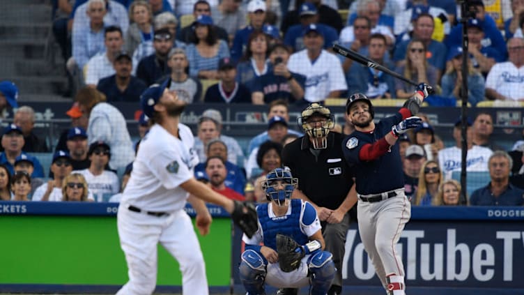 LOS ANGELES, CA - OCTOBER 28: Steve Pearce #25 of the Boston Red Sox hits a first inning two-run home run on a pitch from Clayton Kershaw #22 of the Los Angeles Dodgers in Game Five of the 2018 World Series at Dodger Stadium on October 28, 2018 in Los Angeles, California. (Photo by Kevork Djansezian/Getty Images)