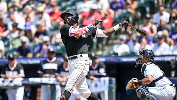 DENVER, CO - JULY 11: Marco Luciano #10 of National League Futures Team bats against the American League Futures Team at Coors Field on July 11, 2021 in Denver, Colorado. (Photo by Dustin Bradford/Getty Images)