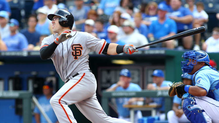 KANSAS CITY, MO - AUGUST 10: Adam Duvall #37 of the San Francisco Giants bats in the fourth inning of a game against the Kansas City Royals at Kauffman Stadium on August 10, 2014 in Kansas City, Missouri. The Royals defeated the Giants 7-4. (Photo by Jay Biggerstaff/TUSP/Getty Images)