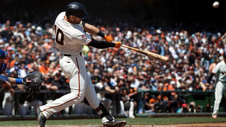 SAN FRANCISCO, CA - APRIL 29: Evan Longoria #10 of the San Francisco Giants hits a three-run home run off of Kenta Maeda (not pictured) of the Los Angeles Dodgers during the first inning at AT&T Park on April 29, 2018 in San Francisco, California. (Photo by Jason O. Watson/Getty Images)