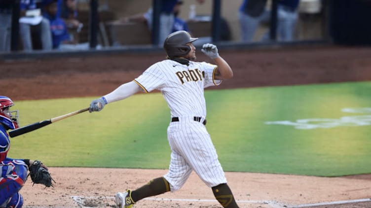 SAN DIEGO, CA - AUGUST 19: Josh Naylor #22 of the San Diego Padres plays during a baseball game against the Texas Rangers at Petco Park on August 19, 2020 in San Diego, California. (Photo by Denis Poroy/Getty Images)