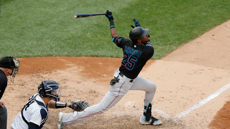 NEW YORK, NEW YORK - SEPTEMBER 26: (NEW YORK DAILIES OUT) Lewis Brinson #25 of the Miami Marlins in action against the New York Yankees at Yankee Stadium on September 26, 2020 in New York City. The Yankees defeated the Marlins 11-4. (Photo by Jim McIsaac/Getty Images)