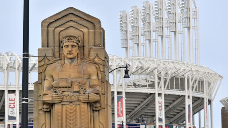 The Guardians of Traffic sculptures on the Hope Memorial Bridge near Progressive Field are the inspiration for the renaming of the Cleveland Indians to the Cleveland Guardians at the end of the 2021 season. (Photo by Jason Miller/Getty Images)