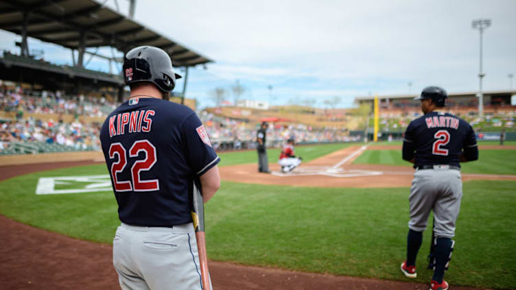 SCOTTSDALE, ARIZONA - MARCH 07: Jason Kipnis #22 and Leonys Martin #2 prepare in the on deck circle during the spring training game against the Arizona Diamondbacks at Salt River Fields at Talking Stick on March 07, 2019 in Scottsdale, Arizona. (Photo by Jennifer Stewart/Getty Images)