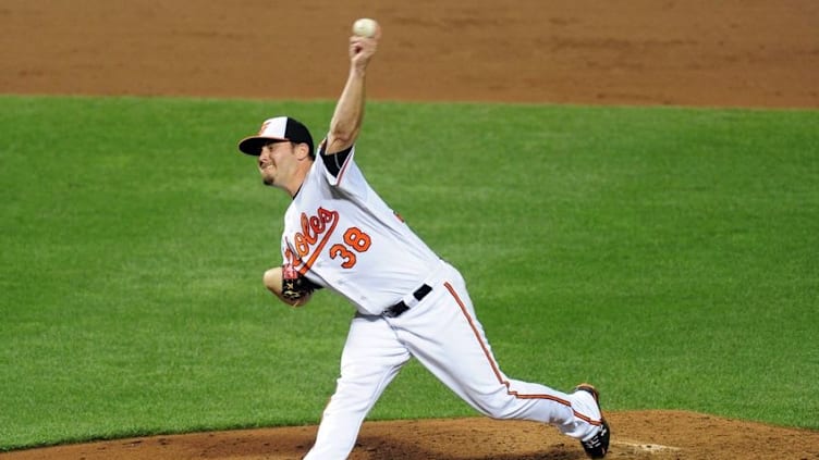 Aug 29, 2016; Baltimore, MD, USA; Baltimore Orioles pitcher Wade Miley (38) throws a pitch in the sixth inning against the Toronto Blue Jays at Oriole Park at Camden Yards. Mandatory Credit: Evan Habeeb-USA TODAY Sports