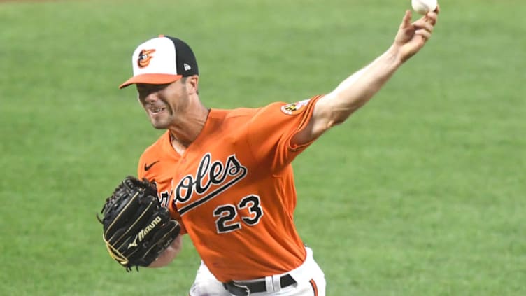 BALTIMORE, MD - AUGUST 01: Wade LeBlanc #23 of the Baltimore Orioles pitches in the third inning during a baseball game against the Tampa Bay Rays on August 1, 2020 at Oriole Park at Camden Yards in Baltimore, Maryland. (Photo by Mitchell Layton/Getty Images)