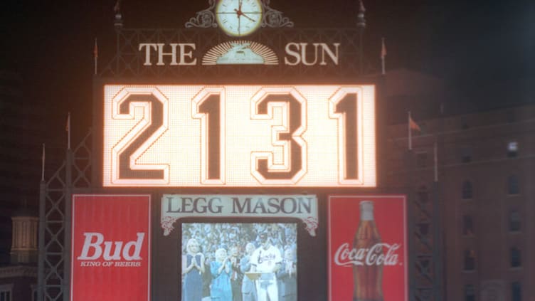 BALTIMORE, MD - SEPTEMBER 06: The scoreboard after Cal Ripken Jr. #8 of the Baltimore Orioles breaks Lou Gehrig's record for consecutive game played with his 2131 career game, during a game against the California Angels at Oriole Park at Camden Yards on September 6, 1995 in Baltimore, Maryland. (Photo by Mitchell Layton/Getty Images)