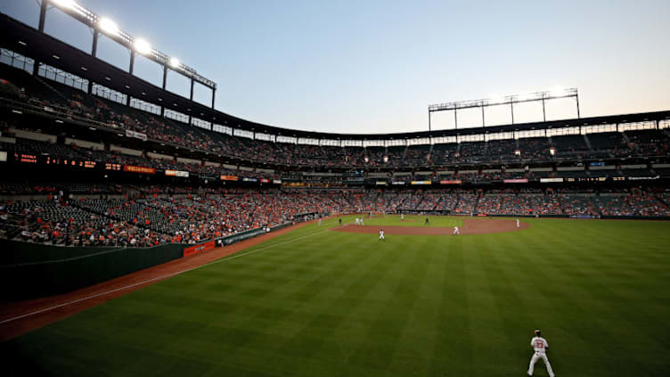 BALTIMORE, MD - JULY 31: Joey Rickard #23 of the Baltimore Orioles stands in the right field during the fourth inning against the Kansas City Royals at Oriole Park at Camden Yards on July 31, 2017 in Baltimore, Maryland. (Photo by Patrick Smith/Getty Images)